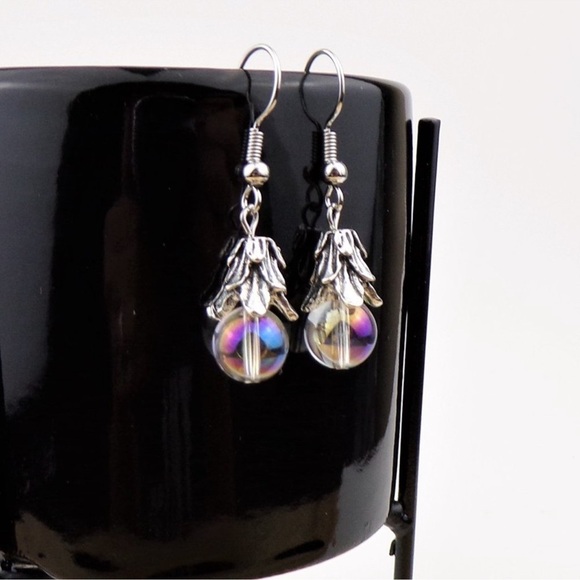 NWT mystic aura quartz beaded silver tone earrings iridescent crystal - Picture 2 of 2